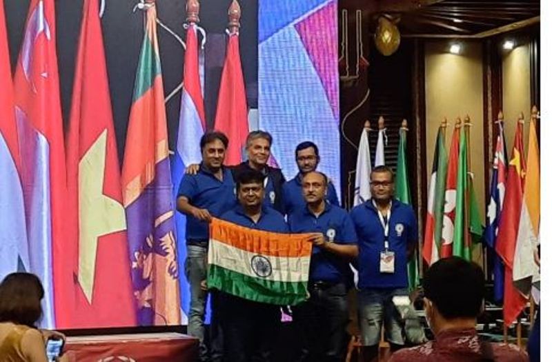 Indian bridge team including Rajeshwar Tewari (extreme right in the front row) won the bronze medal in the 4th Asia Cup Bridge Championship 2022 in Jakarta, Indonesia.
