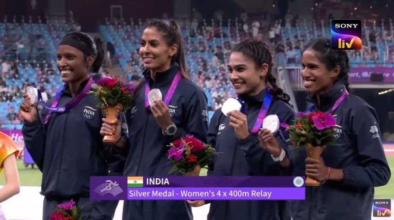 Indian women's team after winning Silver in the 4x400m relay at the 2022 Asian Games