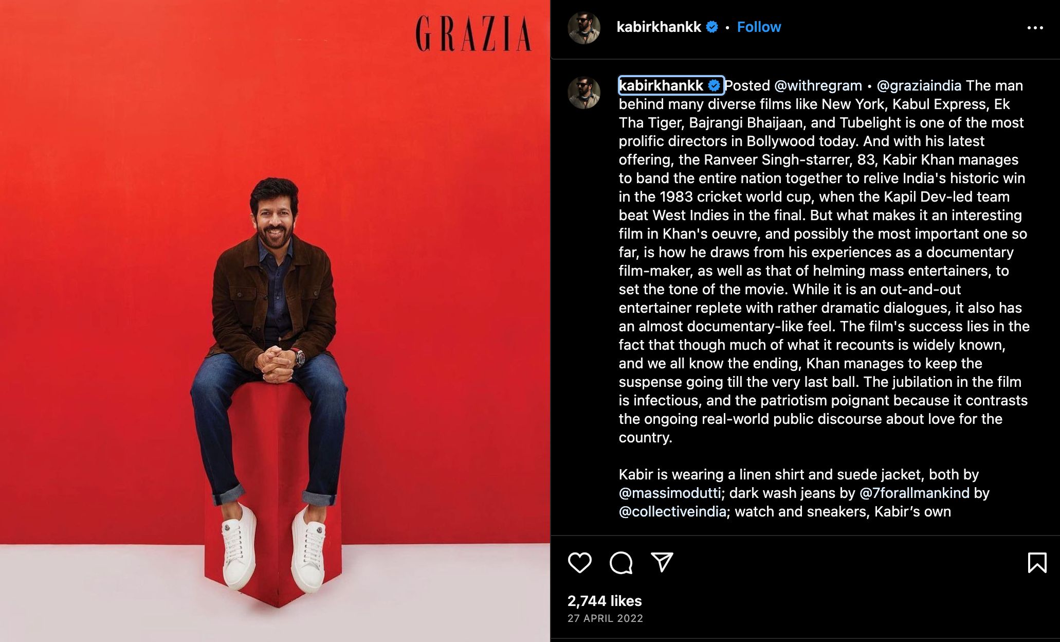Kabir Khan's Instagram post in collaboration with Grazia India for the 'Grazia Cool List 2022'