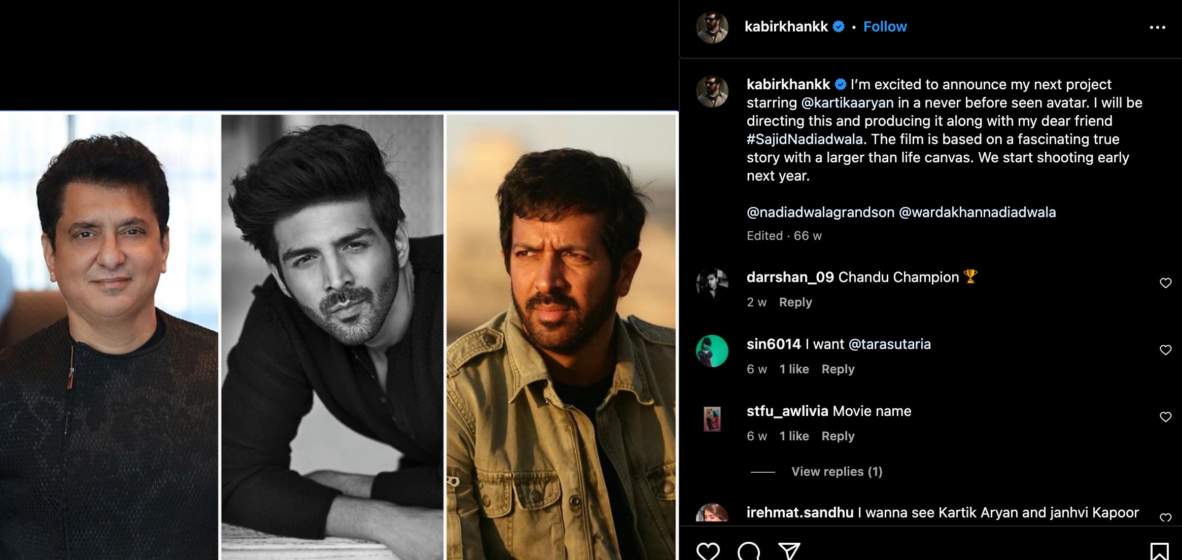 Kabir Khan's new film announcement in his Instagram post