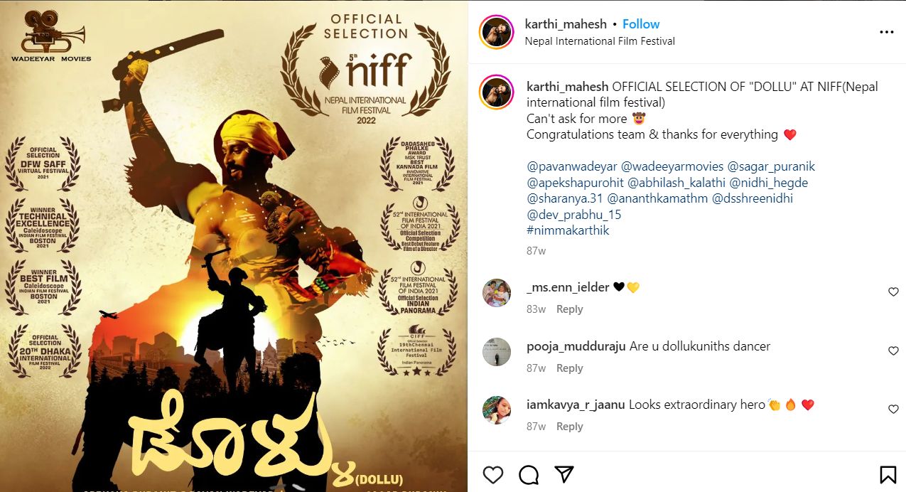 Karthik Mahesh's Instagram post about Dollu being part of Nepal International Film Festival
