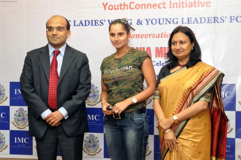 Malav Dani, Chairman, Young Leaders Forum, Sania Mirza, Bhavna Doshi, President, IMC at an interactive session organised by IMC in Mumbai on 19 Dec 2011