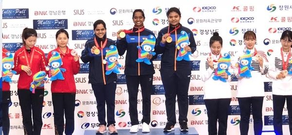 Manini Kaushik (fourth from right) posing with her gold medal from the 52nd ISSF World Shooting