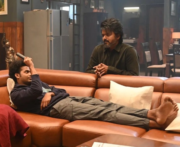 Mathew Thomas with Vijay (right) during a scene in the film Leo