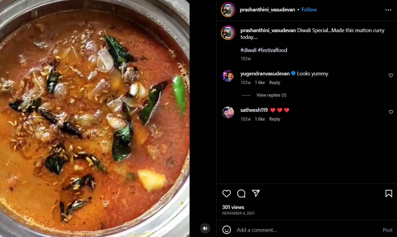 Prashanthini's Instagram post about cooking mutton curry
