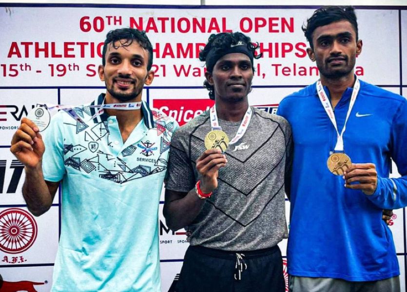 Praveen Chithravel (gold medallist) posing with the winners of the 60th National Open Athletics Championship 2021 triple jump event