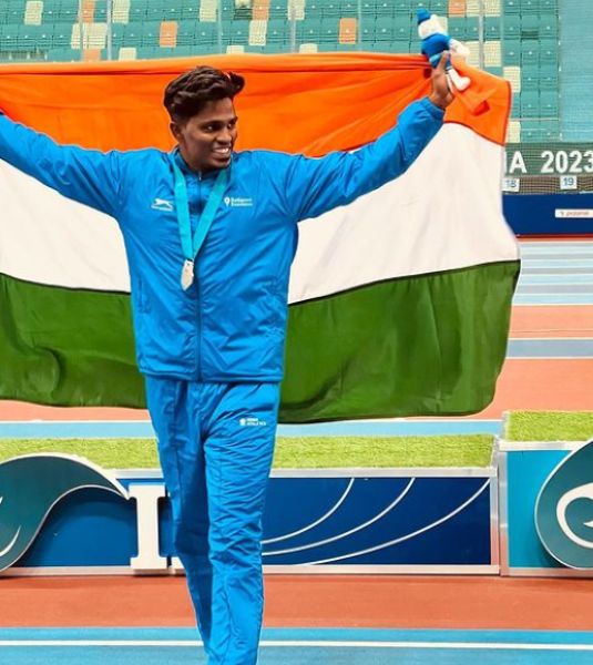 Praveen Chithravel posing after his silver medal win at the 10th Asian Indoor Athletics Championships in Kazakhstan