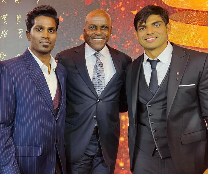 Praveen Chithravel with Carl Lewis and Neeraj Chopra