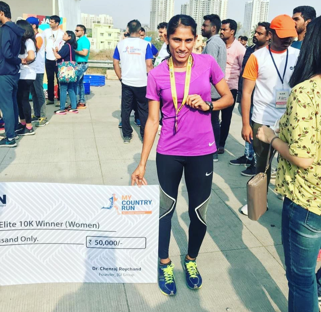 Priti Lamba after her win at the Indian Elite 10k My Country Run race sponsored by IGI Group in Bangalore in 2019