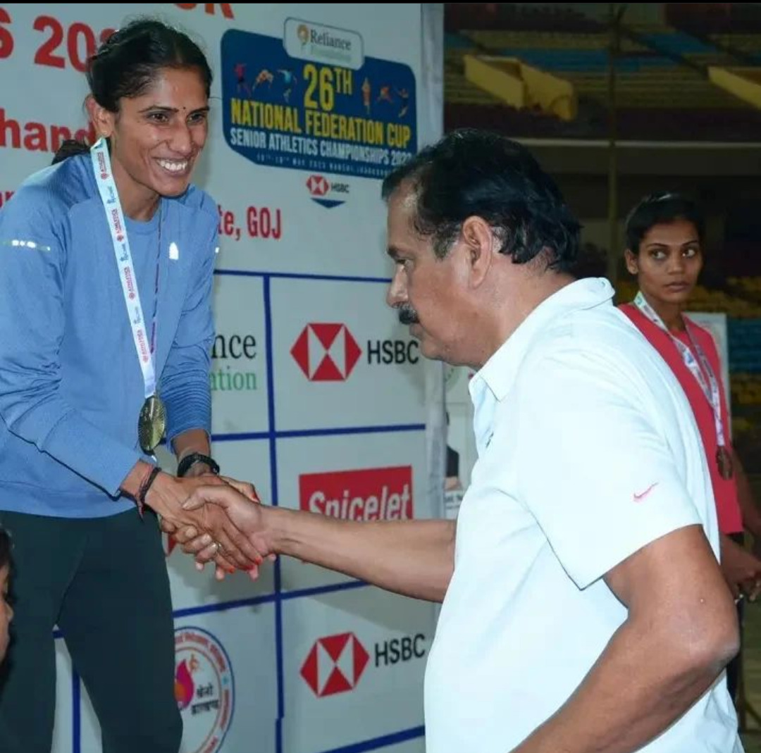 Priti Lamba receiving her gold medal after the 26th Federation Cup Senior Athletic Championship at the Birsa Munda Athletics Stadium, Ranchi