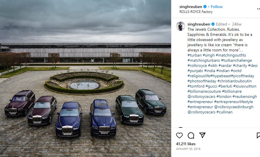  Reuben Singh’s Instagram post about his Rolls-Royce collection