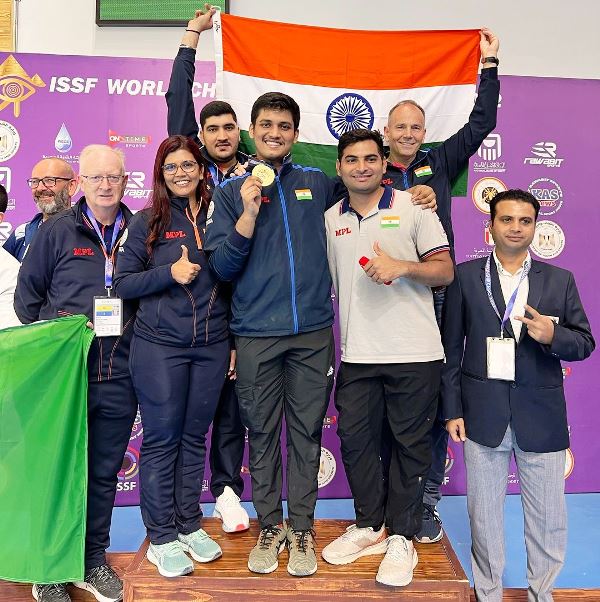 Rudrankksh Patil after winning the gold medal in the 10 m air rifle at the 2022 ISSF World Championship Rifle/Pistol held in Cairo, Egypt