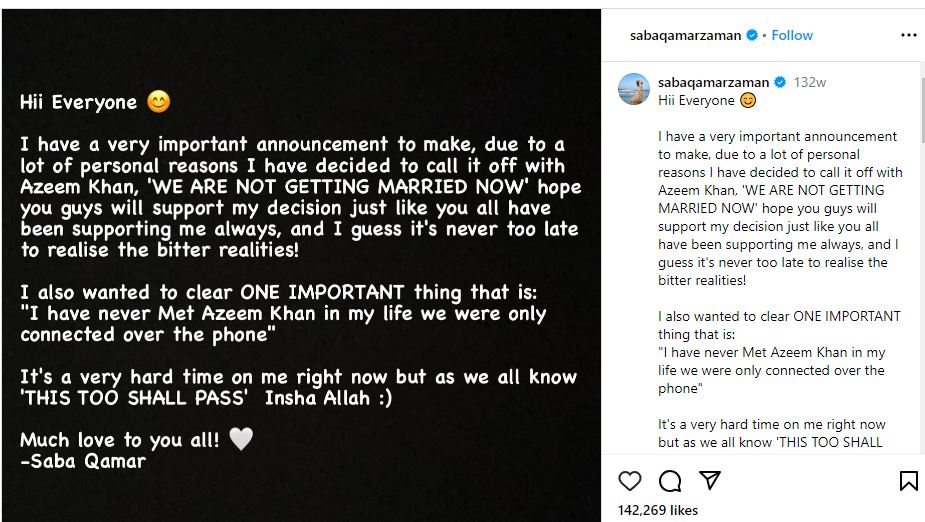 Saba Qamar's Instagram post