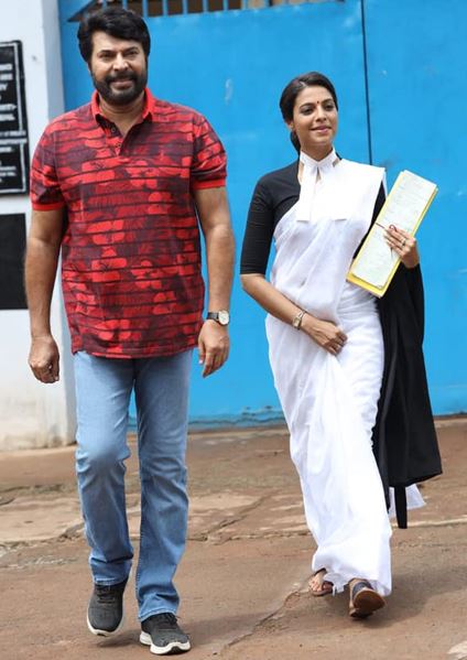 Santhi Mayadevi with Mammootty (left) during the shoot of her first Malayalam film