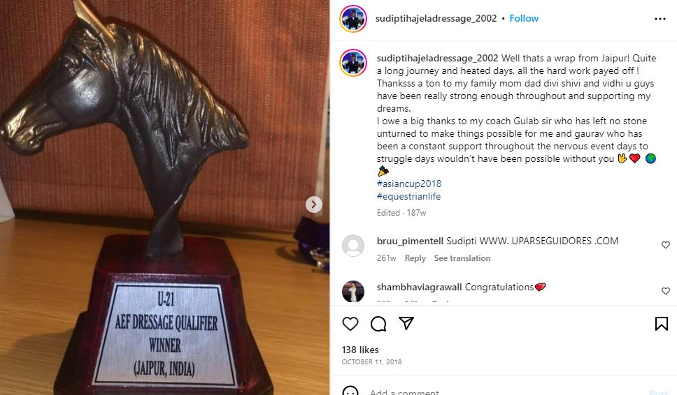 Sudipti Hajela shared a message after winning the AEF Dressage Qualifier on Instagram 