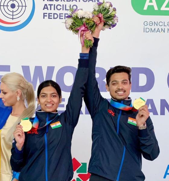 Swapnil Kusale and his teammate, Ashi Chouksey, celebrating their gold medal win at the International Shooting Sport Federation (ISSF) World Cup in Baku, Azerbaijan