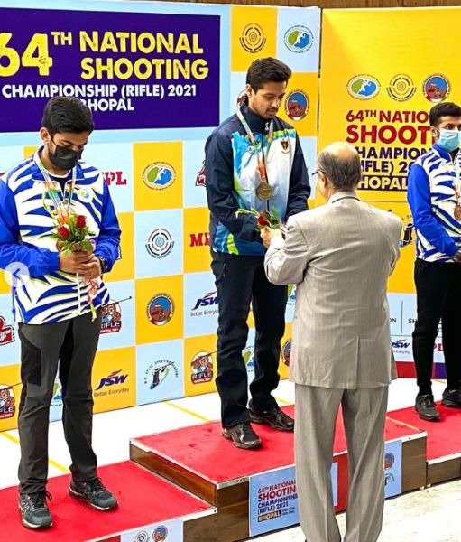 Swapnil Kusale (centre of podium) being awarded the gold medal at the 64th National Shooting Championship in Bhopal