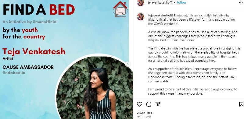 Teja Venkatesh's Instagram post about an initiative supporting people during the Covid-19 pandemic in 2021
