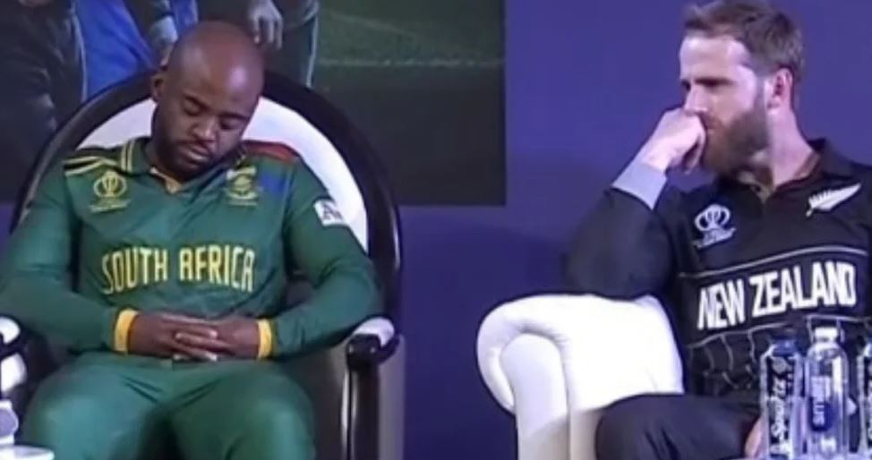 Temba Bavuma (left) during the captain's day event before the 2023 ODI World Cup