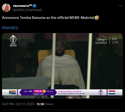 Temba Bavuma meme after South Africa's loss to the Netherlands in the 2023 ODI World Cup