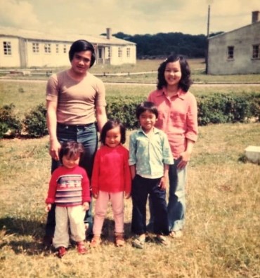 Leon Ung’s grandparents with their children in the Sopley refugee camp