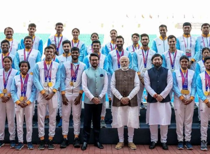 Tushar Shelke (second from the left in middle row) with Honorable Prime minister, Narendra Modi and all Indian medalist of the 19th Asian Games Hangzhou 2023