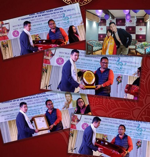 A collage of Albert Kabo Lepcha while receiving awards