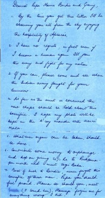 A photo of the letter that Captain Vijayant Thapar wrote to his family