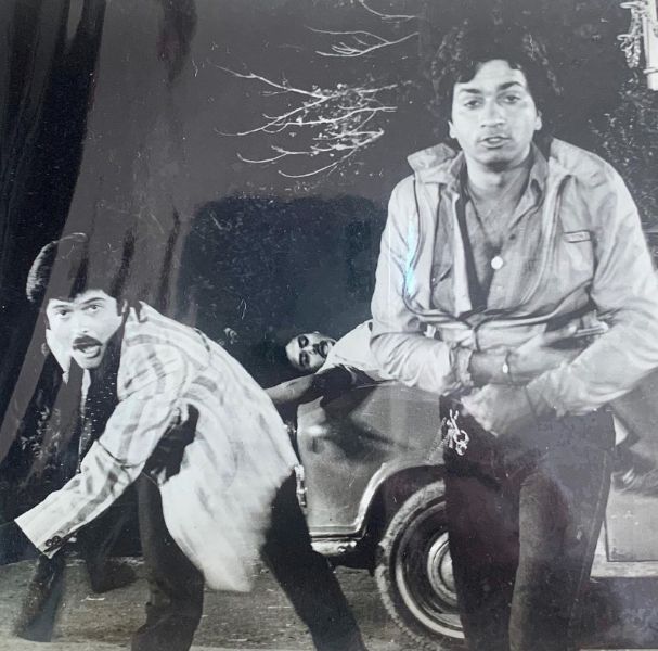 A picture of Sham Kaushal (right) during his stuntman days along with Anil Kapoor at the shooting of the film Aap Ke Saath