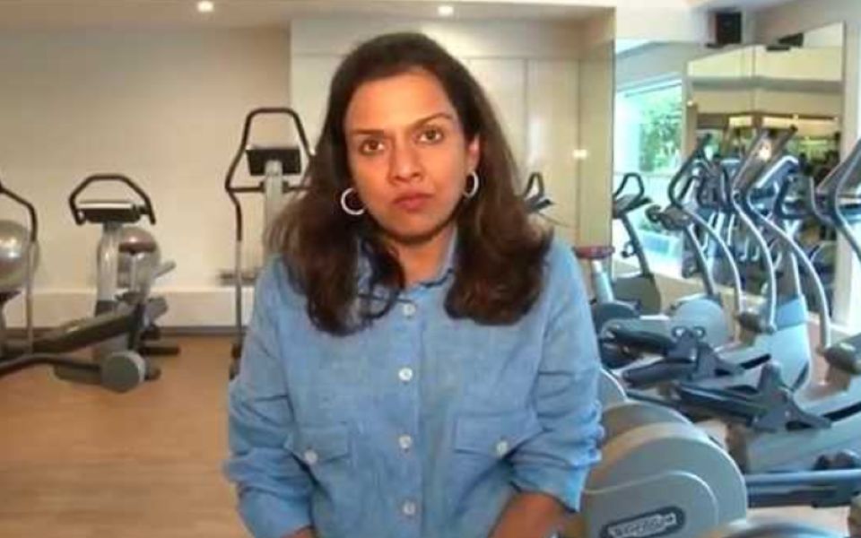 A still of Sangita Jindal at the gym, where she spoke about the importance of staying healthy
