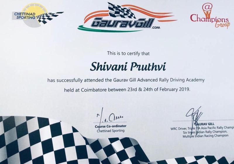 Certificate given to Shivani Pruthvi after completing her training at Gaurav Gill Advanced Rally Driving Academy