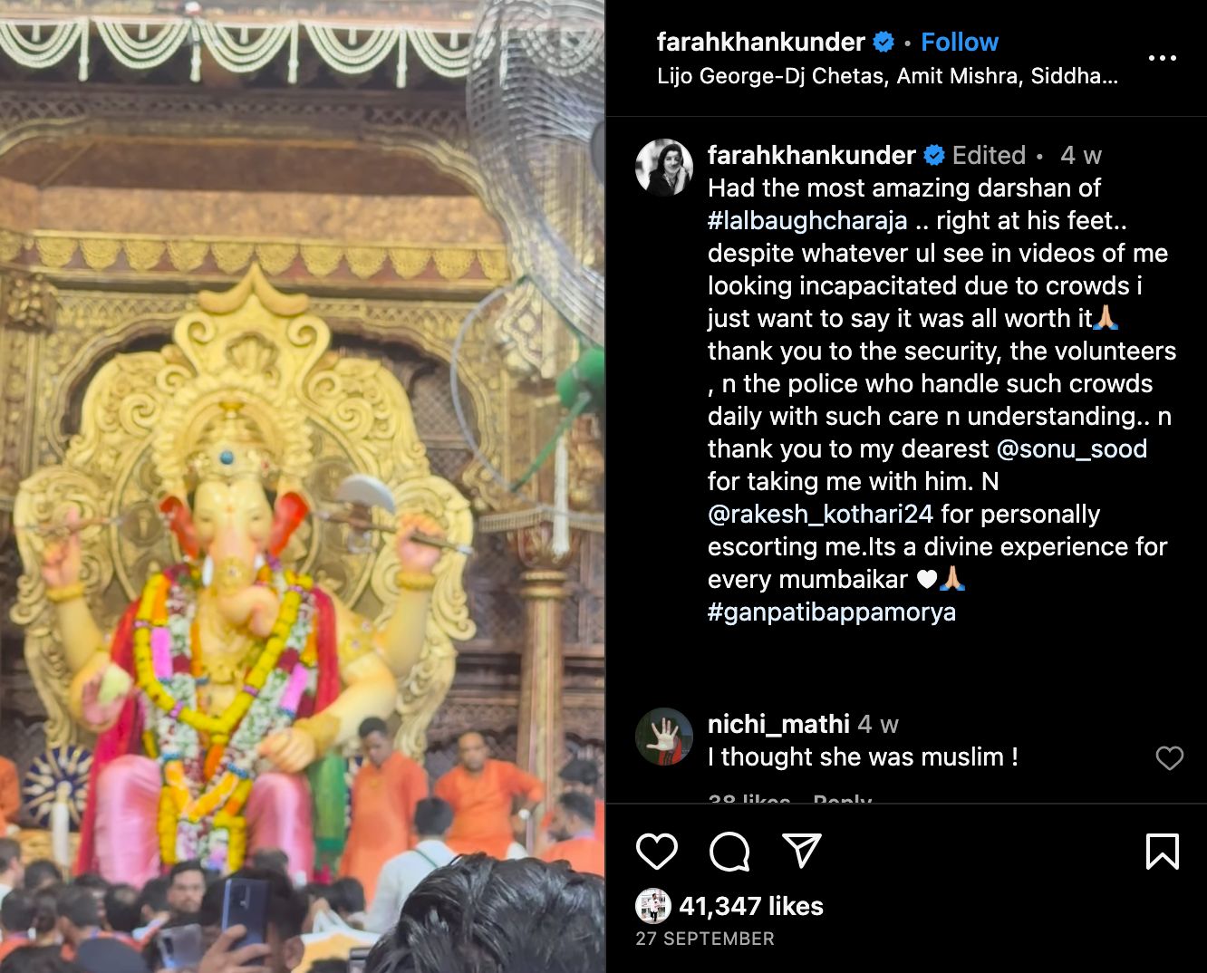Farah Khan's Instagram post about her Lalbaugcha Raja pandal visit