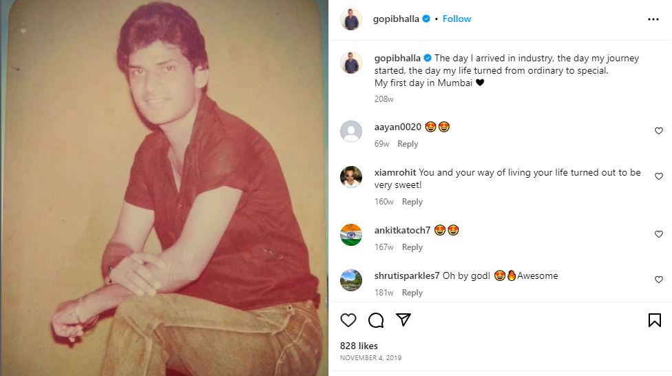 Gopi Bhalla shared an Instagram post about his first day in Mumbai