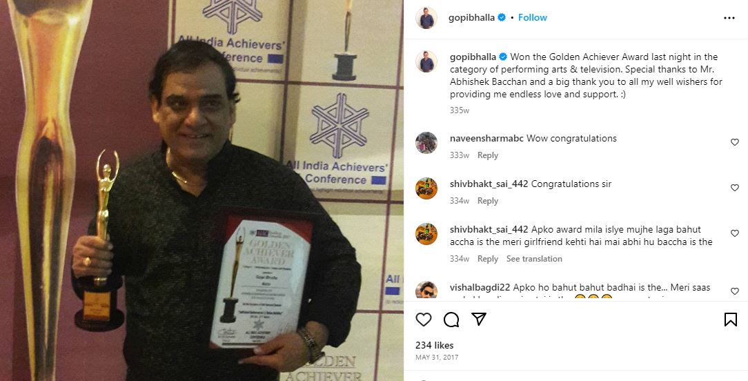 Gopi Bhalla shared an Instagram post about receiving the Golden Achiever Award