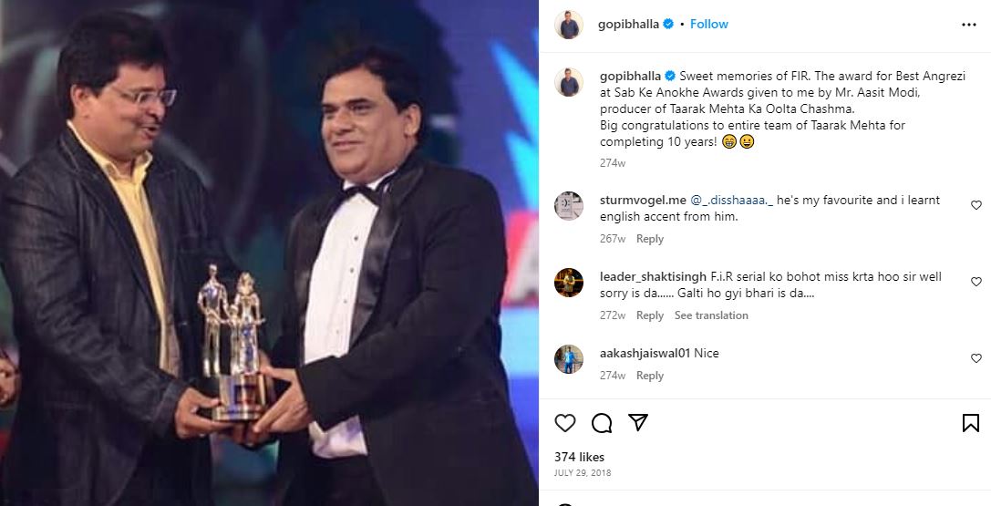 Gopi Bhalla shared an Instagram post about receiving the award for Best Angrezi
