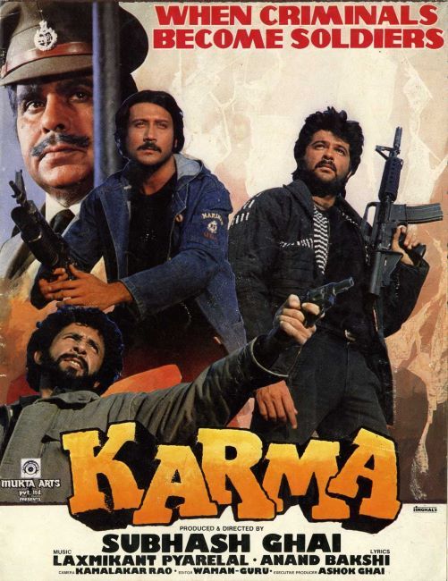 Jackie Shroff in a still from Karma with Anil Kapoor, Naseeruddin Shah and Dilip Kumar
