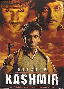 Jackie Shroff in the poster of Mission Kashmir with Sanjay Dutt and Hrithik Roshan