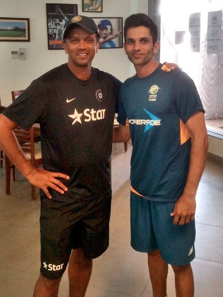 Keshav Maharaj with his favourite cricketer, Rahul Dravid (left)
