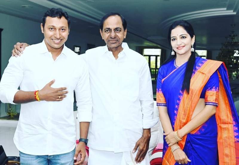 Malla Reddy's younger son, Bhadra Reddy, and his wife, Preeti Reddy, with KCR (centre)