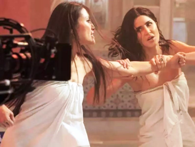 Michelle Lee opposite Katrina Kaif (both in a towel) while shooting the fight scene at a Turkish hamam in the Hindi action thriller film Tiger 3 (2023)