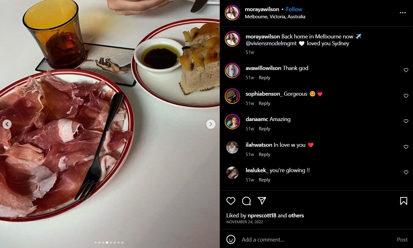 Moraya Wilson's Instagram post about her non-vegetarian meal