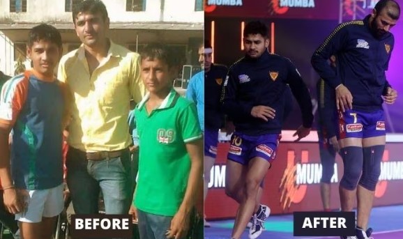 Naveen Kumar (1st from left) with Ajay Kumar during his early days in Kabaddi. Naveen is with Ajay during a PKL game in the second photograph