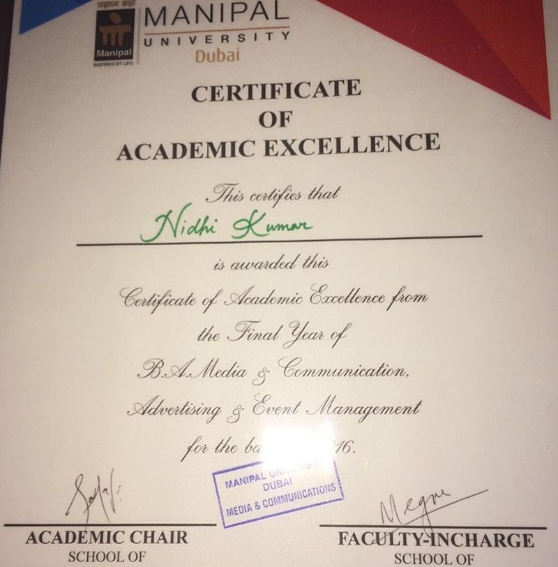 Nidhi Kumar's college certificate showing her education qualification