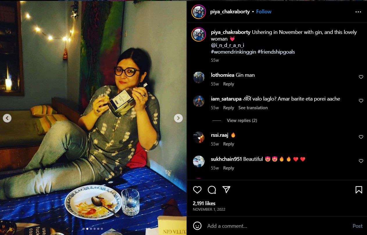 Piya Chakraborty's Instagram post about drinking gin