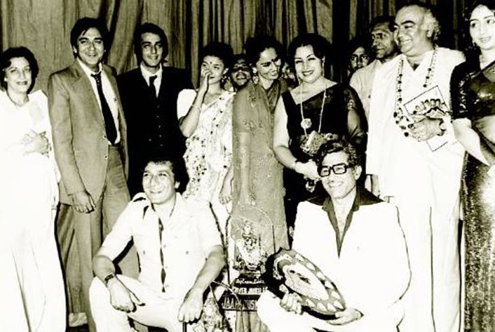 Rajkumar Kohli (wearing spectacles) with other Bollywood stars during release of one of his films