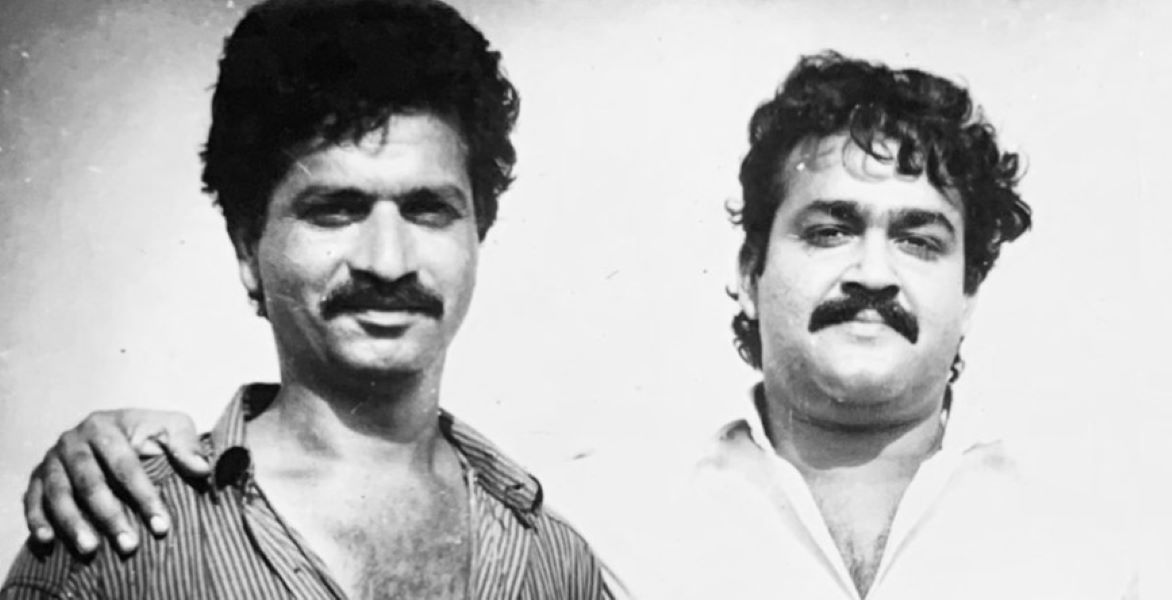 Sham Kaushal (left) with Mohanlal on the set of Indrajalam, where Mohanlal, impressed with Sham's work, called him back for other projects