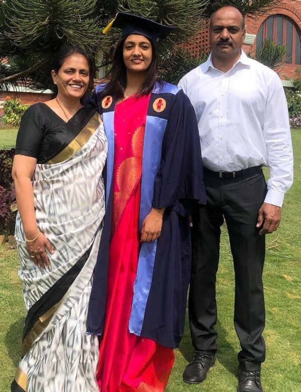 Deepti Pruthvi with her daughter and husband (left to right)