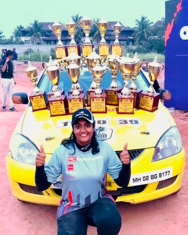 Shivani Pruthvi with the trophies she won in a rally