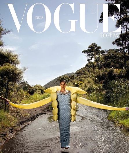 The 2022 edition of Vogue magazine, featuring a model wearing a jacket designed by Premila Morar