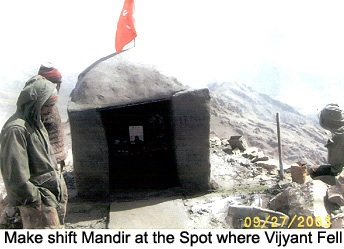 A photo of the temple that was made by the Rajputana Rifles in memory of Vijayant Thapar after the end of the 1999 Kargil War